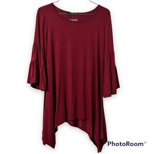 Annabelle small womens burgundy blouse shark bite hem round neck bell sleeve